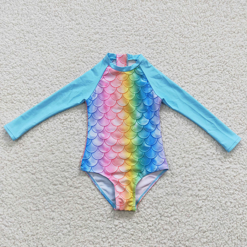 Baby Girls Mermaid Scales Long Sleeve One Pieces Swimsuits