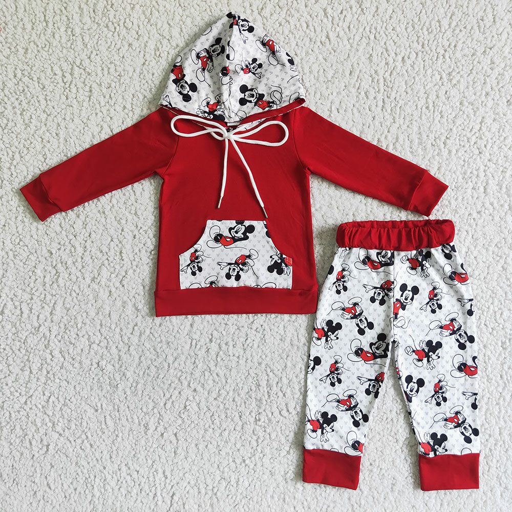 Children red cartoon mouse hooded pants clothes sets