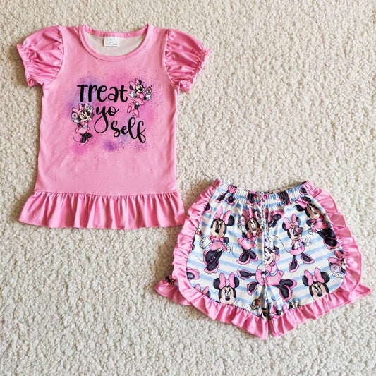 Baby girls summer cartoon pink ruffle shorts sets