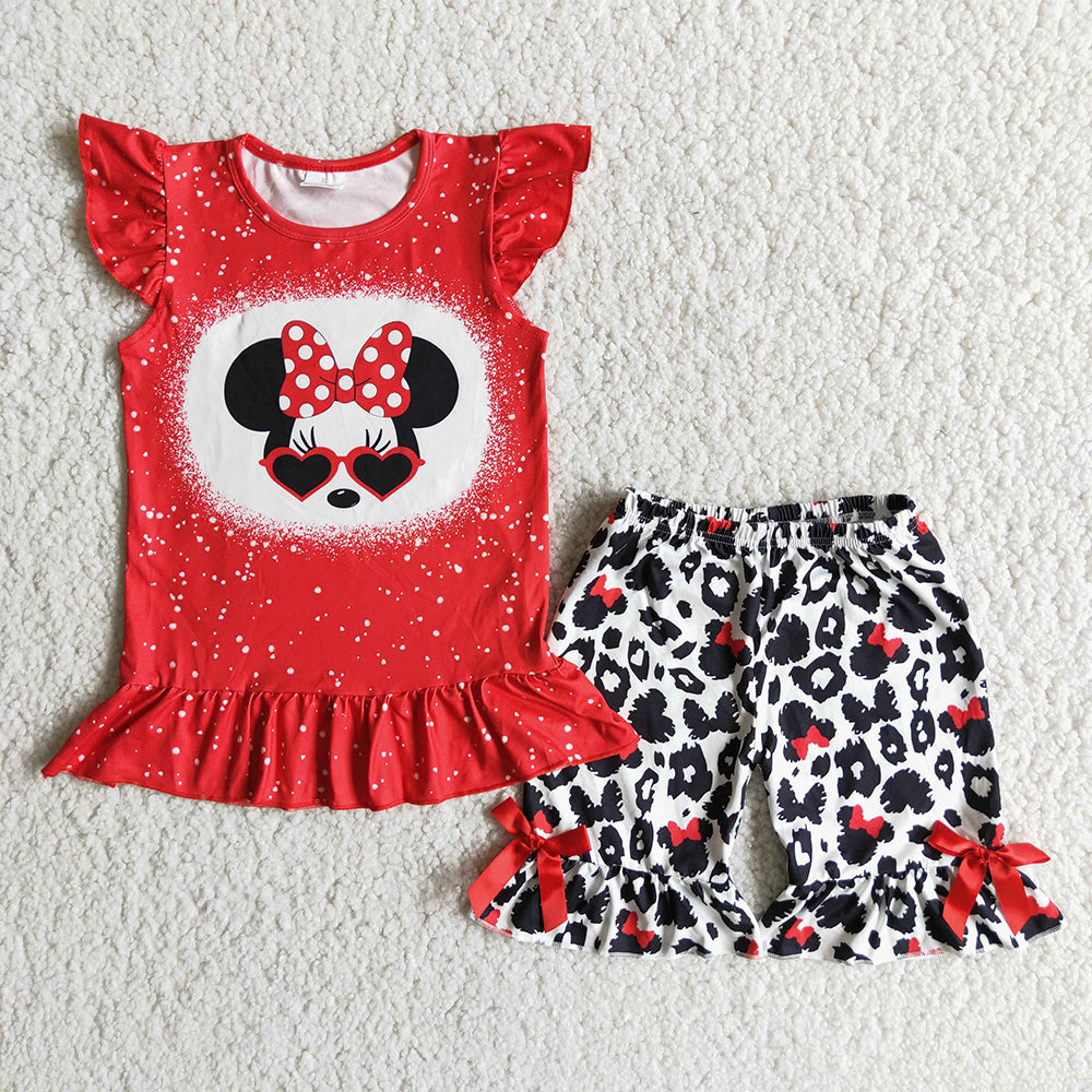 Red Cartoon character leopard T-shirt Shorts sets
