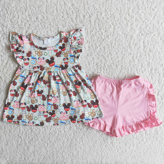 Pink mini ruffles shorts set