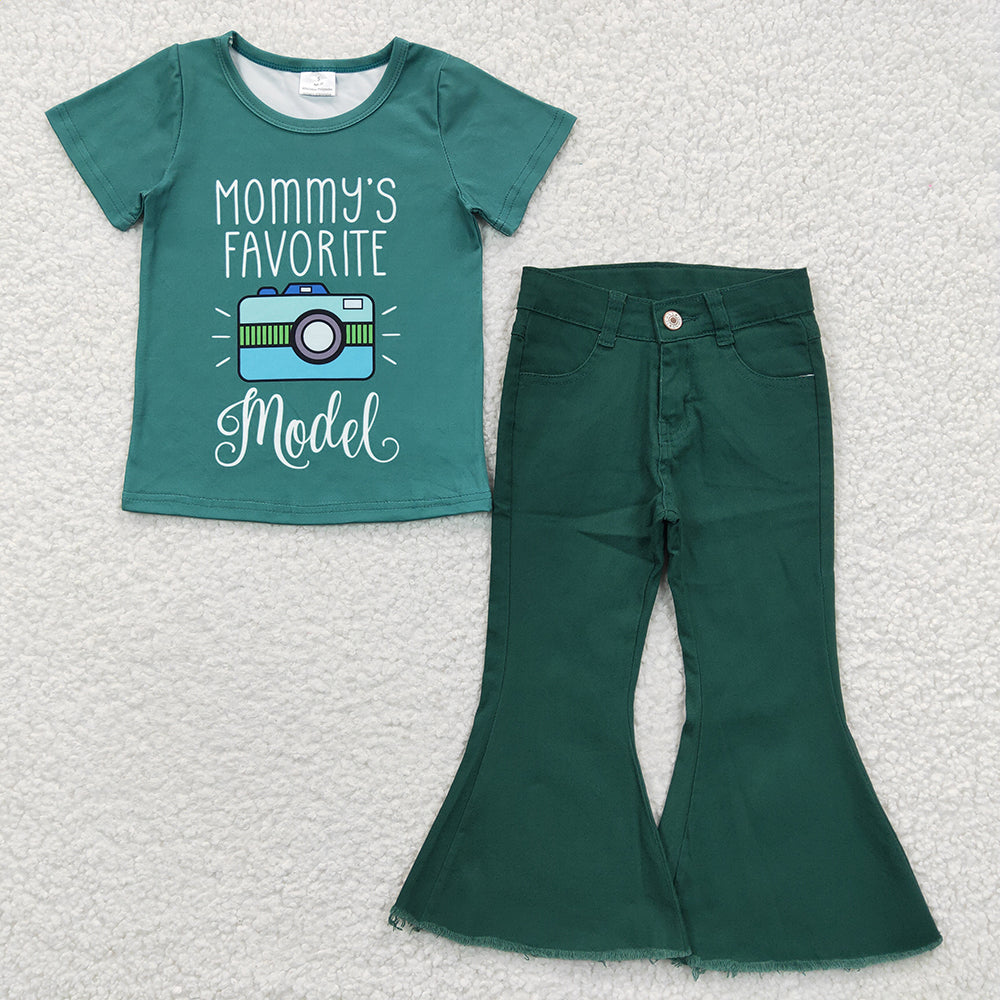 Baby Girls Favorite Model Shirt Green Denim Pants Clothes Sets