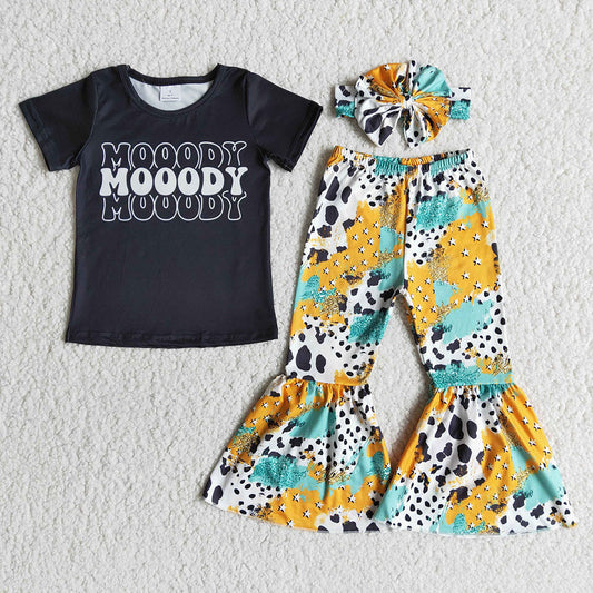 Mooody bell bottom pants sets 3pcs with heabands
