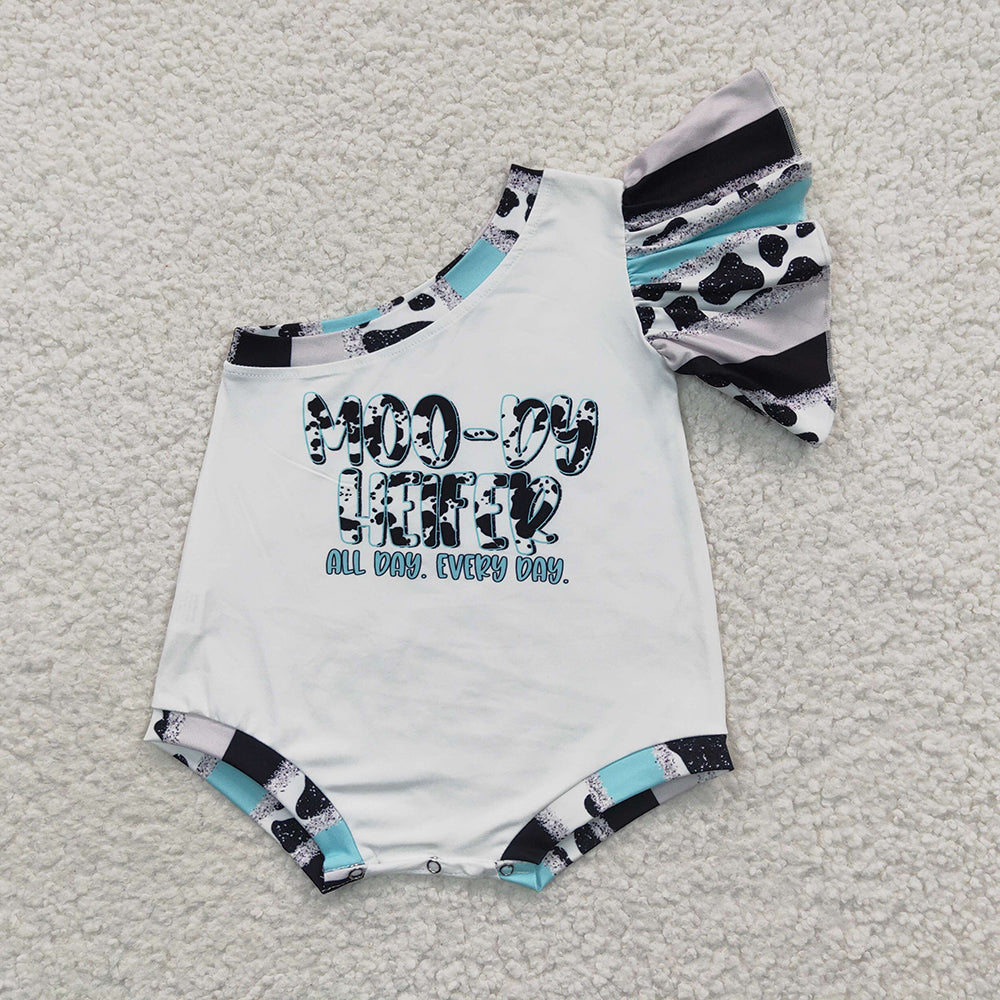 Baby Girls Cow Print Moody Heifer One Shoulder Rompers