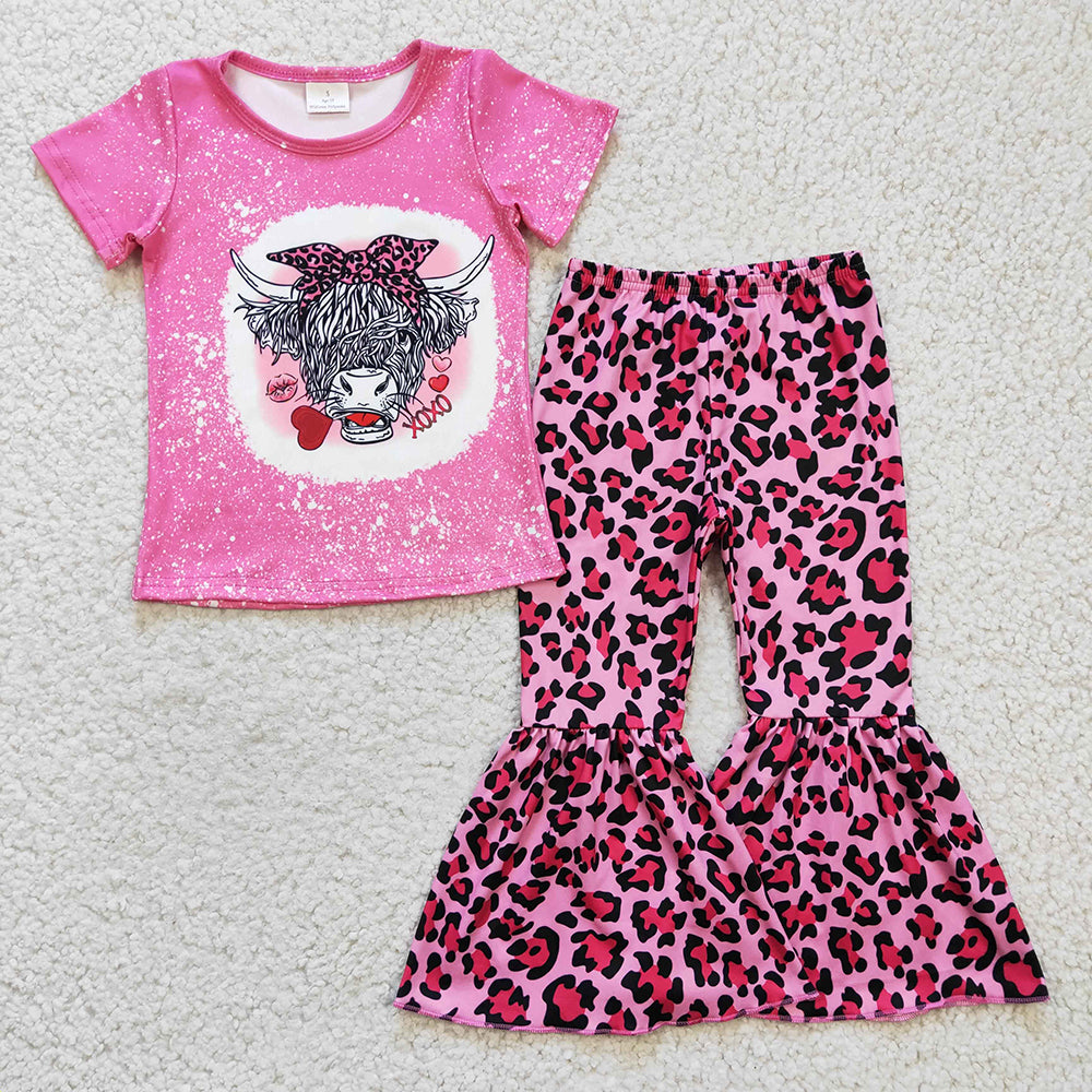 Baby Girls Valentines Highland Cow Leopard Bell Pants sets