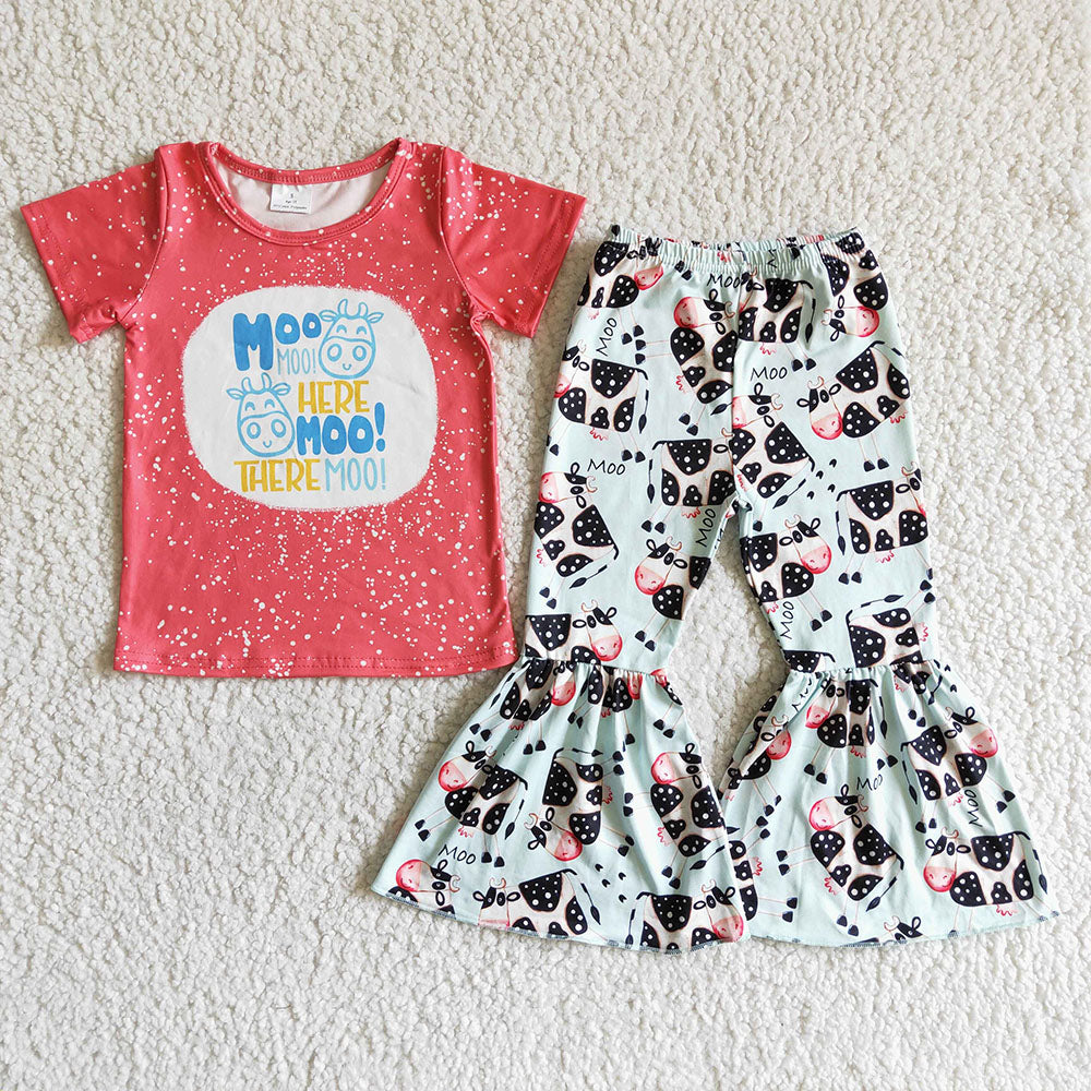 Baby Girls Moody Red Short Sleeve Tee Shirt Top Bell Bottom Pants Sets