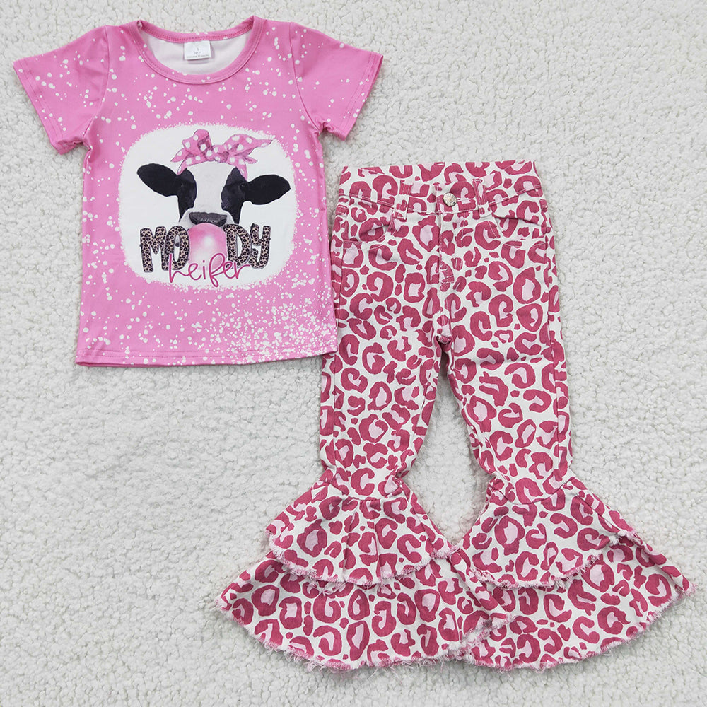 Baby Girls Moody Pink Leopard Bell Denim Pants Clothes Sets