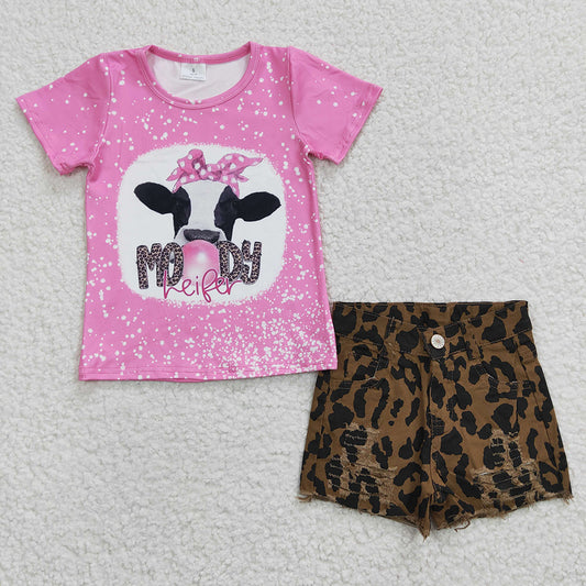 Baby Girls Pink Moody Shirts Denim Shorts clothes sets