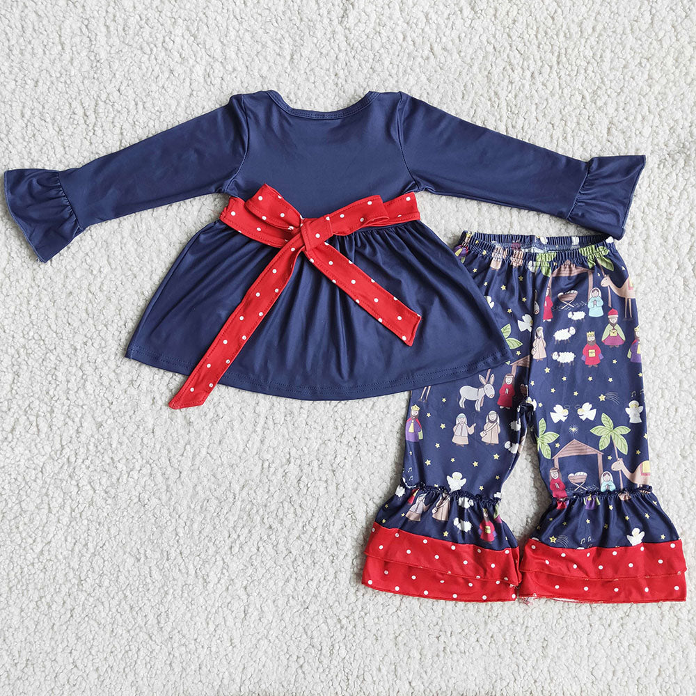 Girls Nativity Navy ruffle pants sets 1