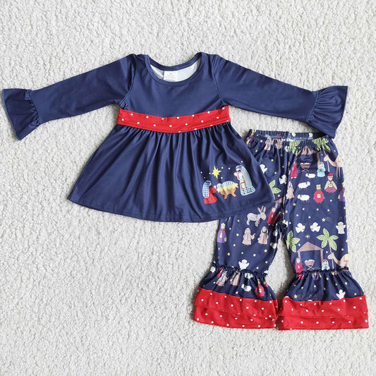 Girls Nativity Navy ruffle pants sets 1