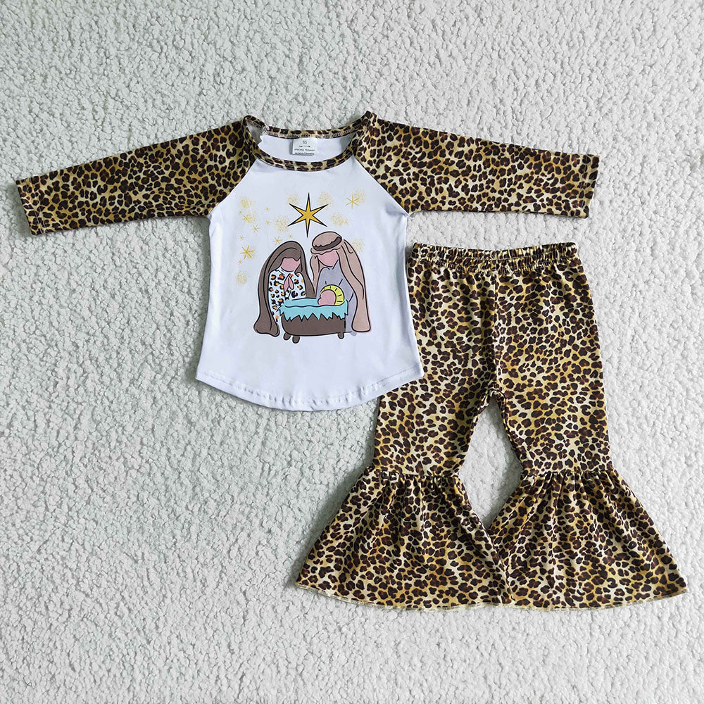 Baby girls leopard nativity Chrsitmas bell pants clothes sets