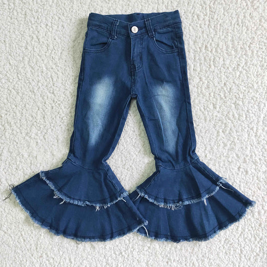 Baby girls navy blue bleached double ruffle denim pants jeans