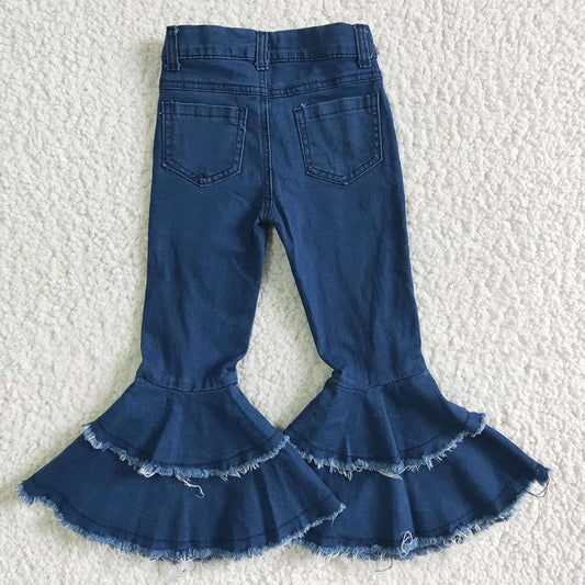 Baby girls navy blue bleached double ruffle denim pants jeans