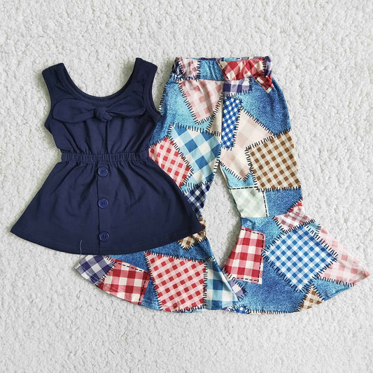 Baby girls navy bow tunic patchwork bell pants clothes sets