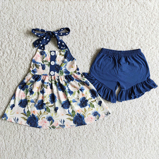 Navy floral halter top shorts sets