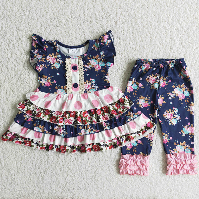 Baby girls navy floral five ruffle tunic capris clothes sets