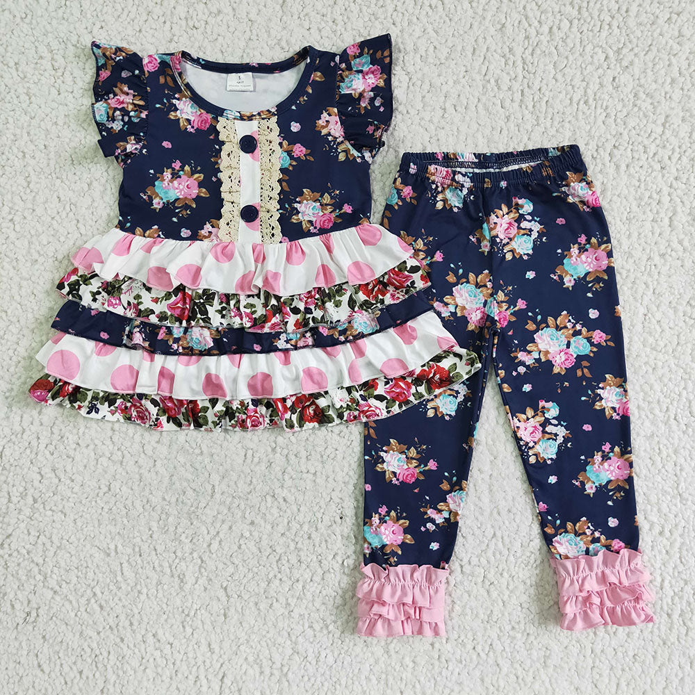 Baby girls navy floral five ruffle tunic capris clothes sets