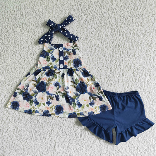 Navy floral halter top shorts sets