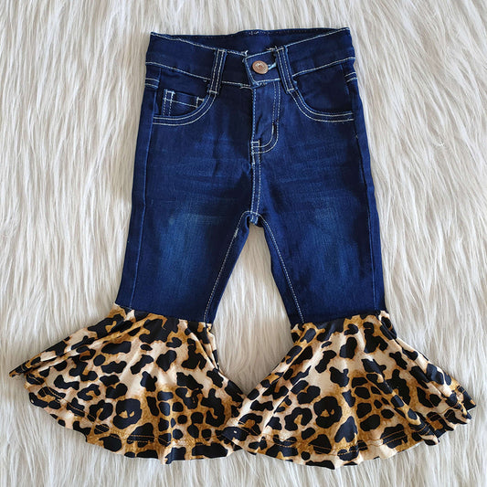 Baby Girls Denim Leopard Ruffle Bell Bottom Pants