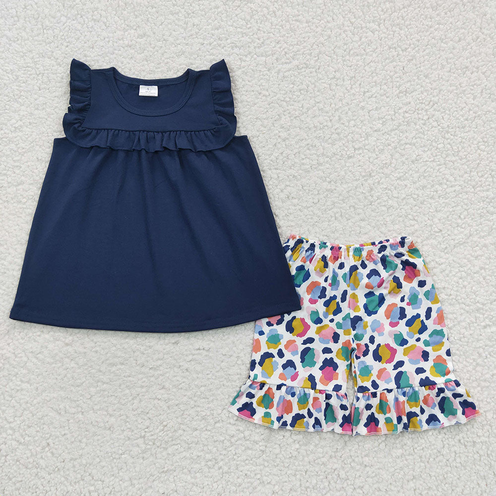 Baby Girls Navy Tunic Colorful Leopard Shorts Sets