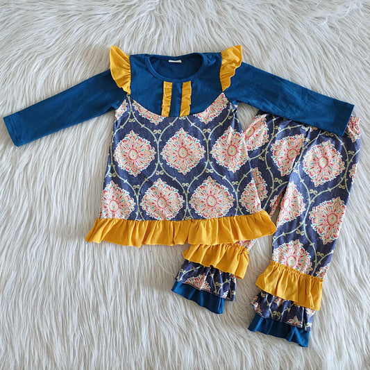 Navy damask ruffle pants sets