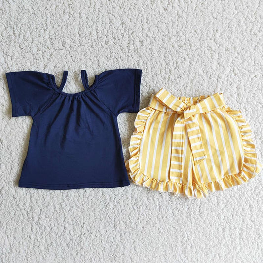 Navy top yellow stripe shorts sets