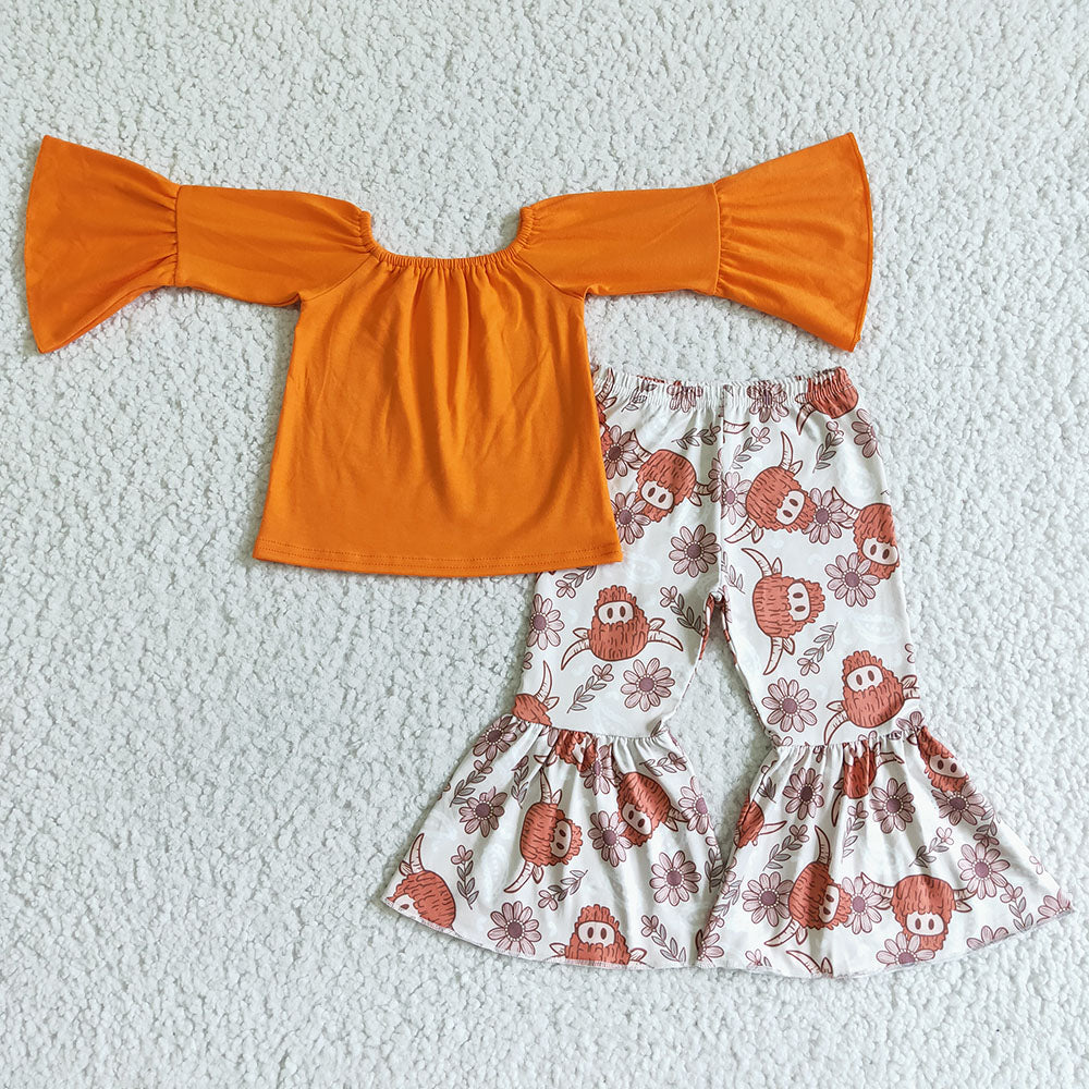 Baby Girls Western Orange Cow Bell Pants Sets