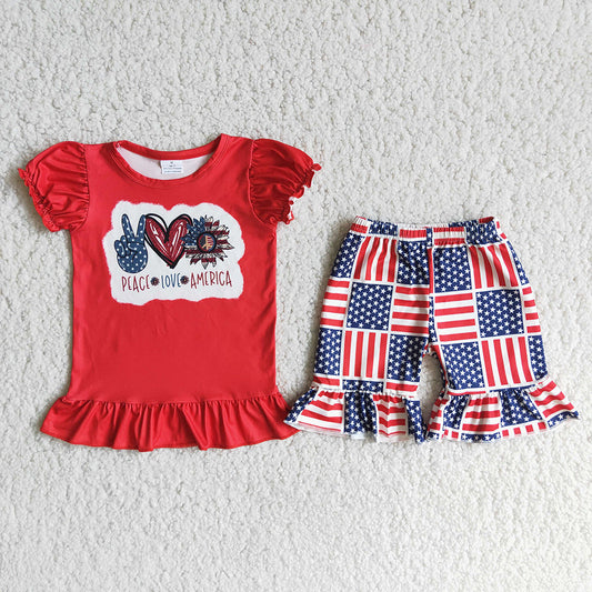 4th of July girls peace love america shorts sets