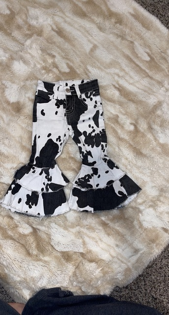 Baby girls cow print denim double ruffle bell pants