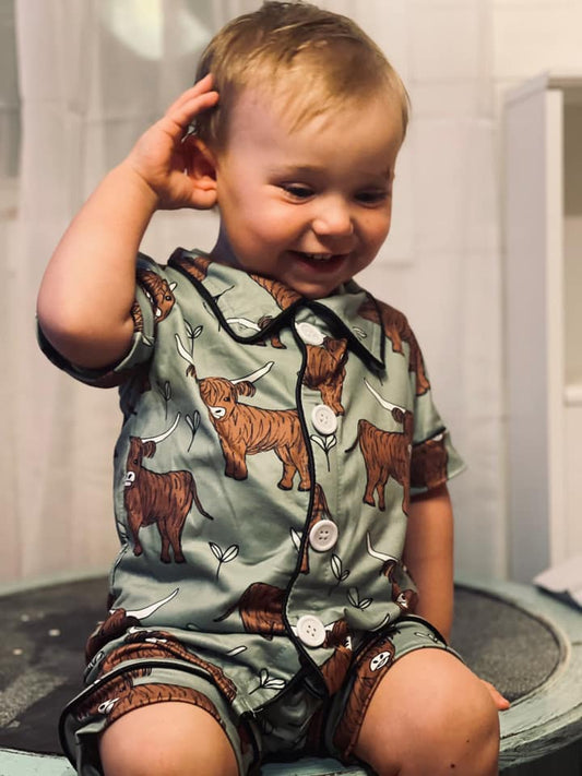 Baby boys western cow heifer short sleeve shorts summer button up pajamas sets