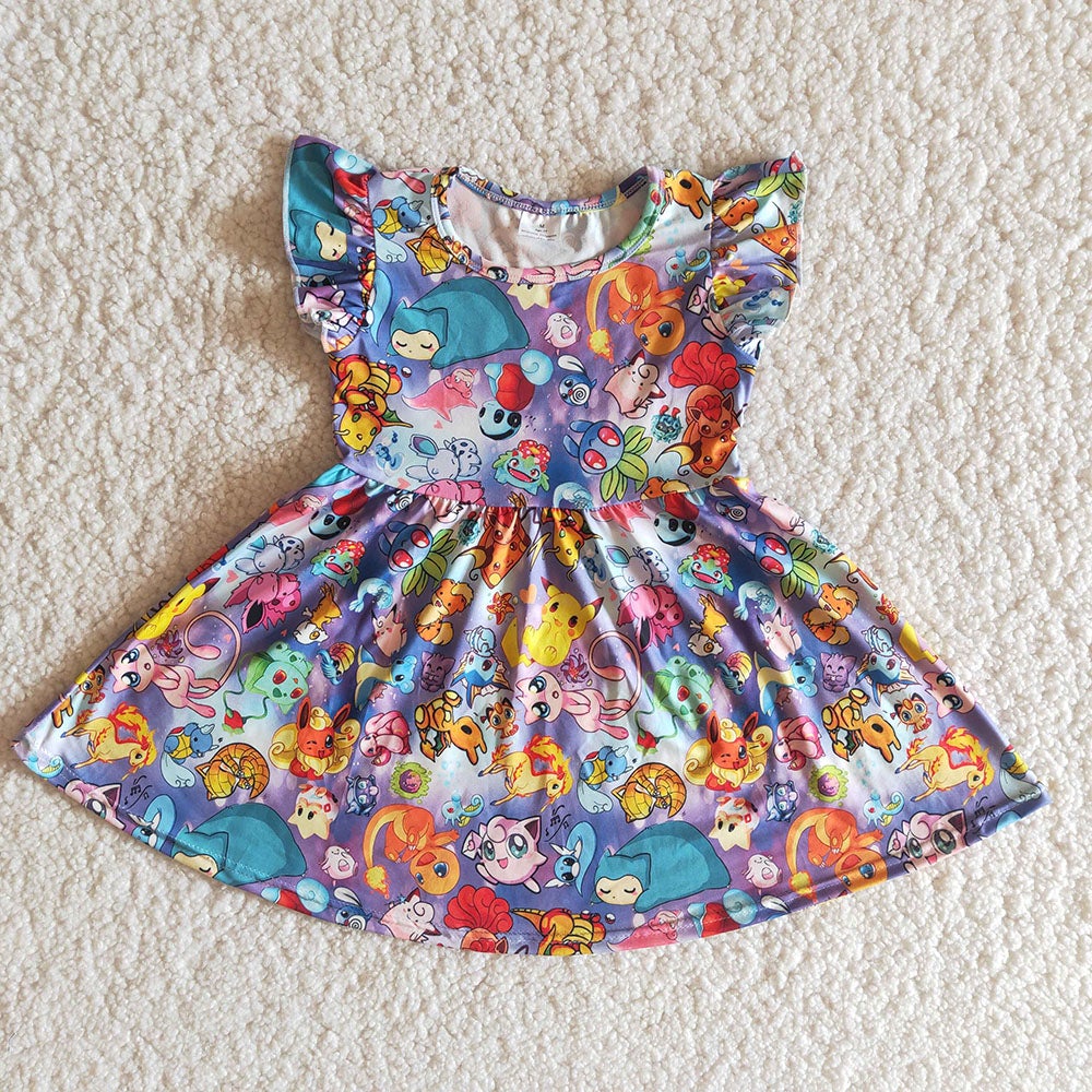 Colorful cartoon characters soft puffy sleeves dress
