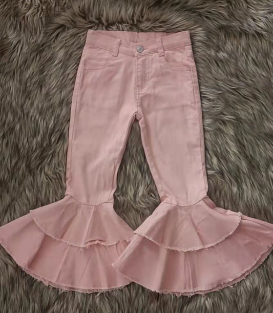 Baby Girls pink double ruffle denim jeans pants