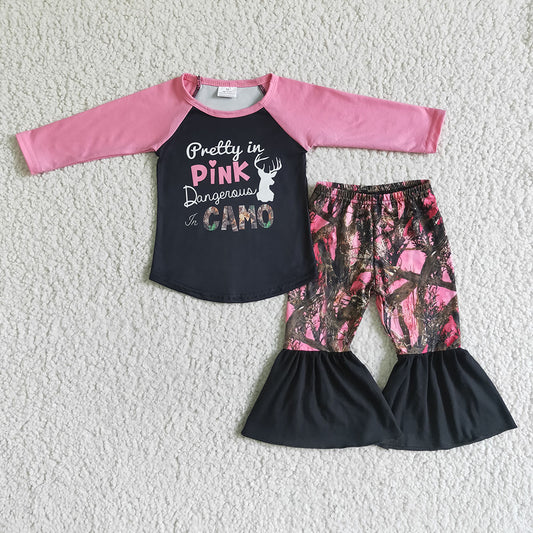 Pretty In pink dagerous in camo baby girls bell pants clothes sets