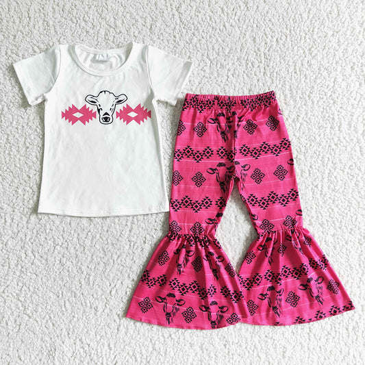 Baby girls western cow hotpink bell pants sets