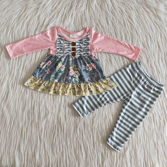 Pink Grey Floral tunic Stripe legging baby girls fall outfits sets