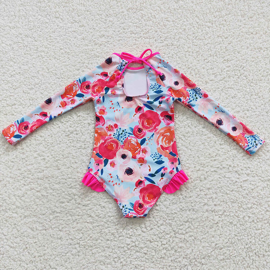 Baby Girls Pink Flowers Long Sleeve One Pieces Swimsuits