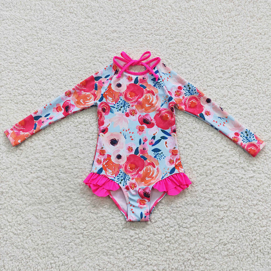 Baby Girls Pink Flowers Long Sleeve One Pieces Swimsuits