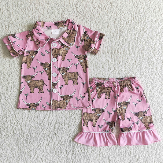 Baby girls pink heifer western shorts summer button down pajamas