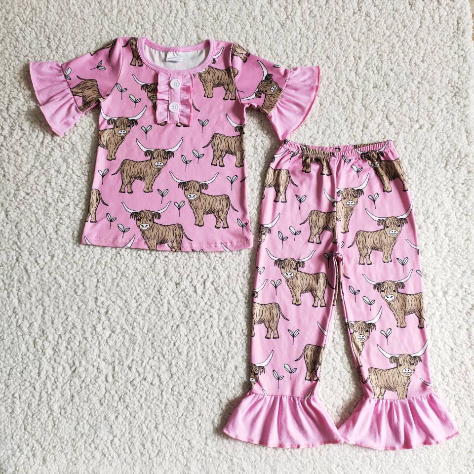 B7-25 Baby Girls western short sleeve pink heifer pants pajamas sets