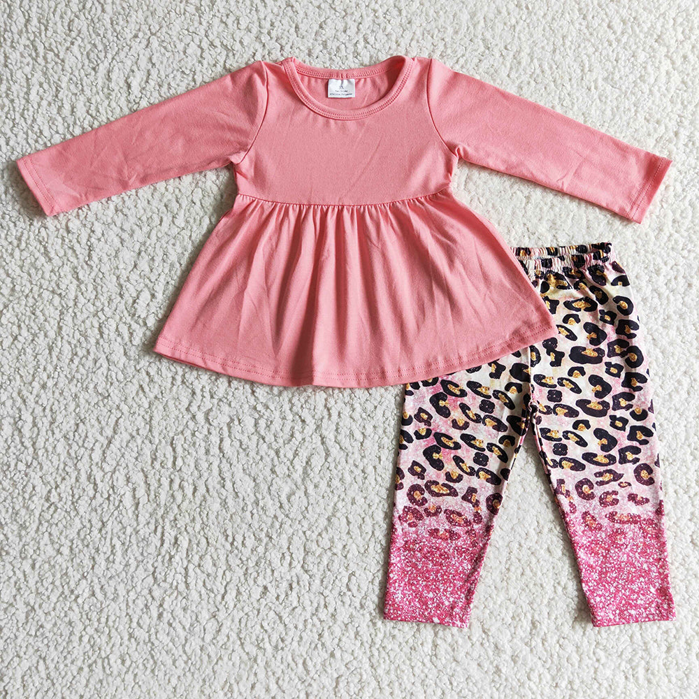 Baby girls fall pink tunic leopard legging pants sets