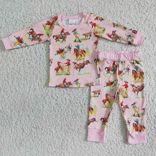 Baby girls western pink horse pajamas sets