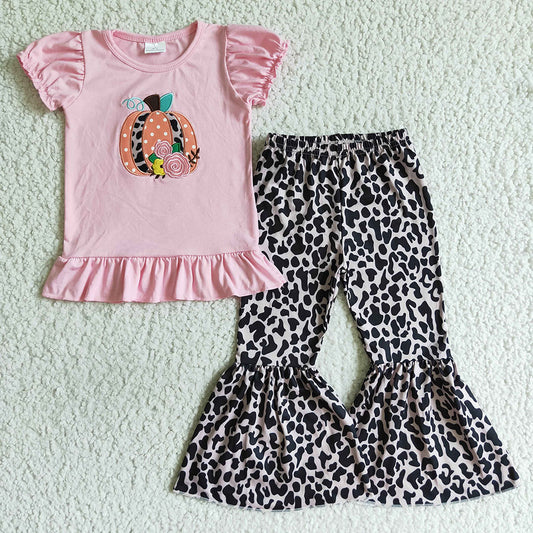 Baby girls fall pumpkin leopard pink pants clothes sets
