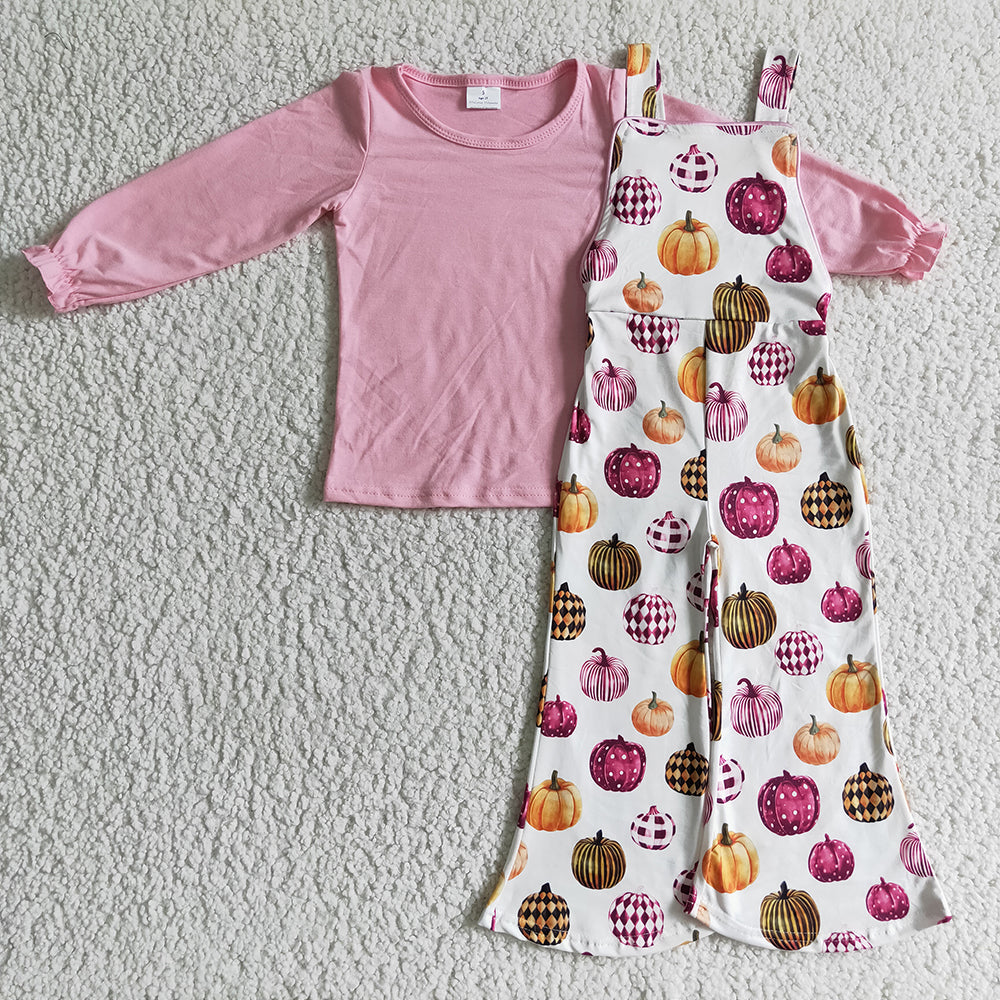 Baby girls pink top pumpkin overall fall clothes sets