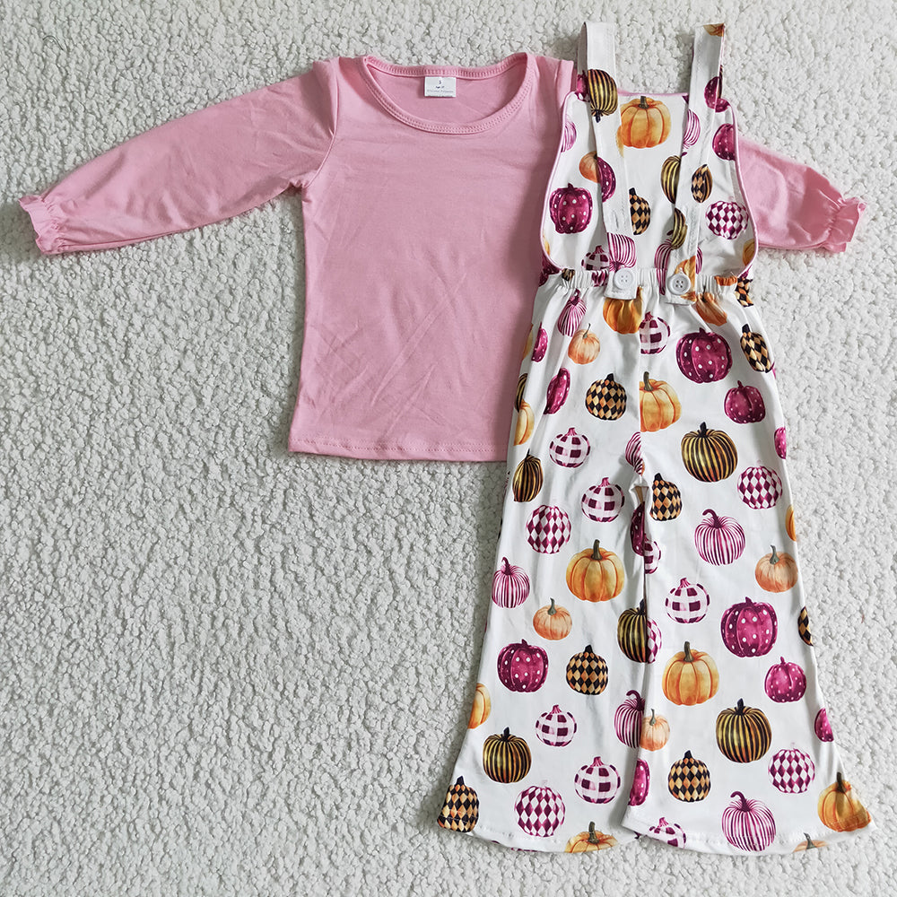 Baby girls pink top pumpkin overall fall clothes sets