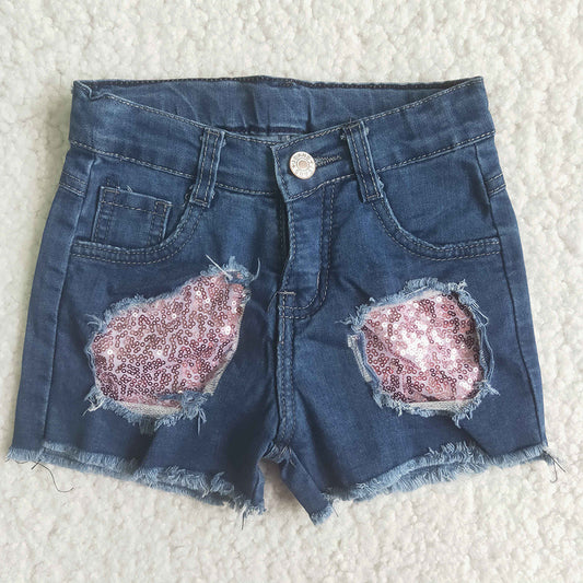 Baby Girls pink sequin navy denim shorts