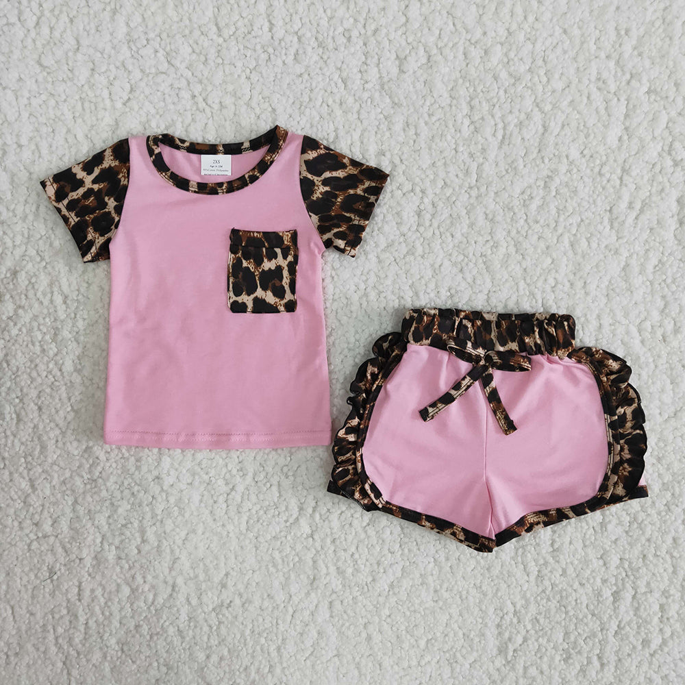 Pink pocket leopard ruffles Shorts sets
