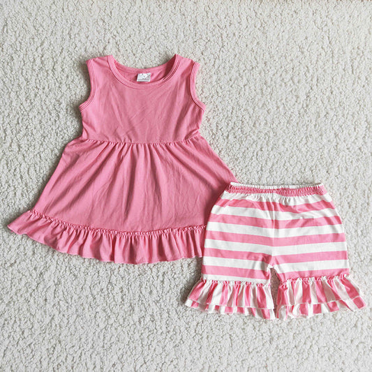 Pink and white stripes ruffles Shorts sets