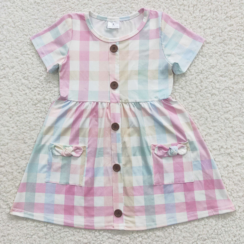 Baby Girls Pink Plaid Short Sleeve Pocket Knee Length Dresses