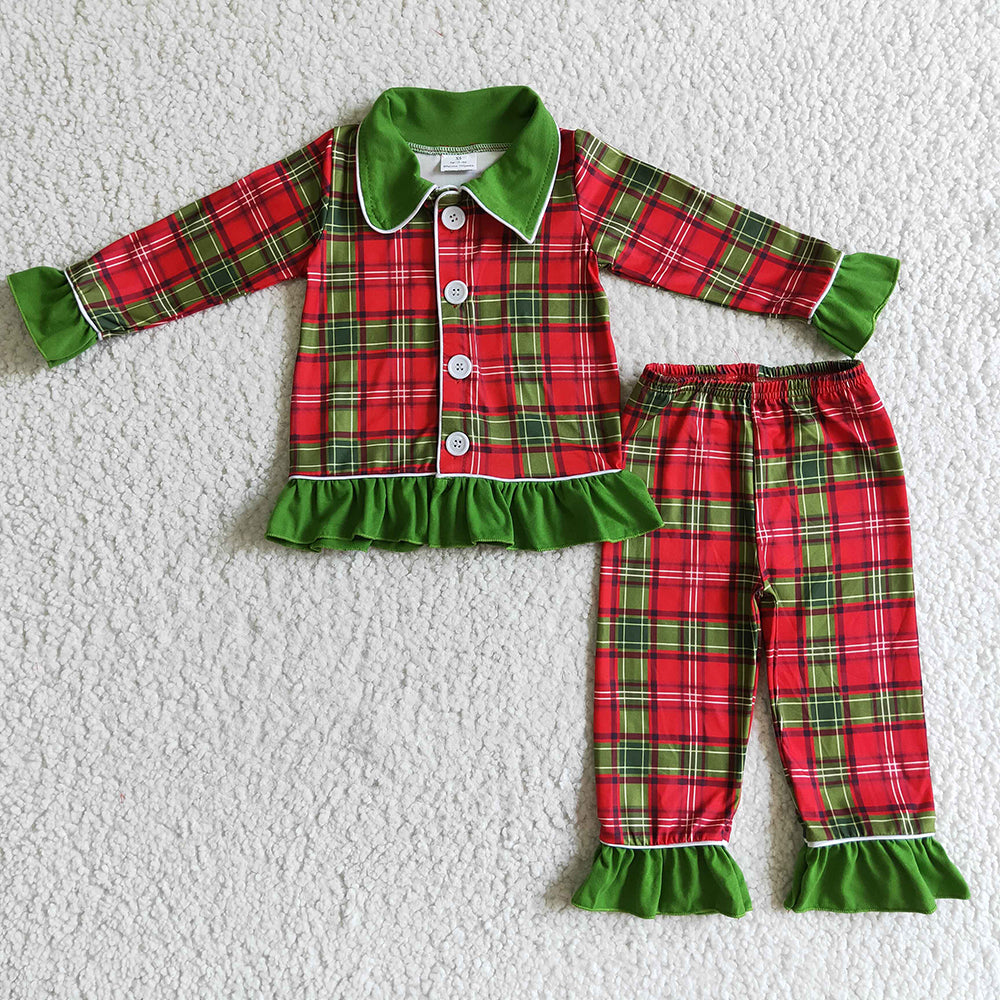 Baby girls Christmas red green plaid pajamas sets