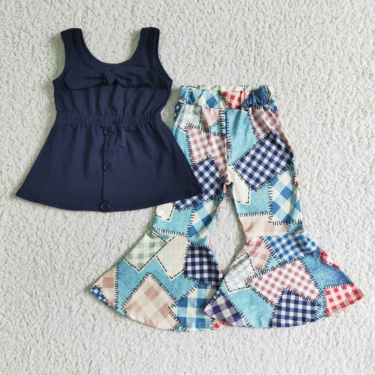 Baby girls navy bow tunic patchwork bell pants clothes sets